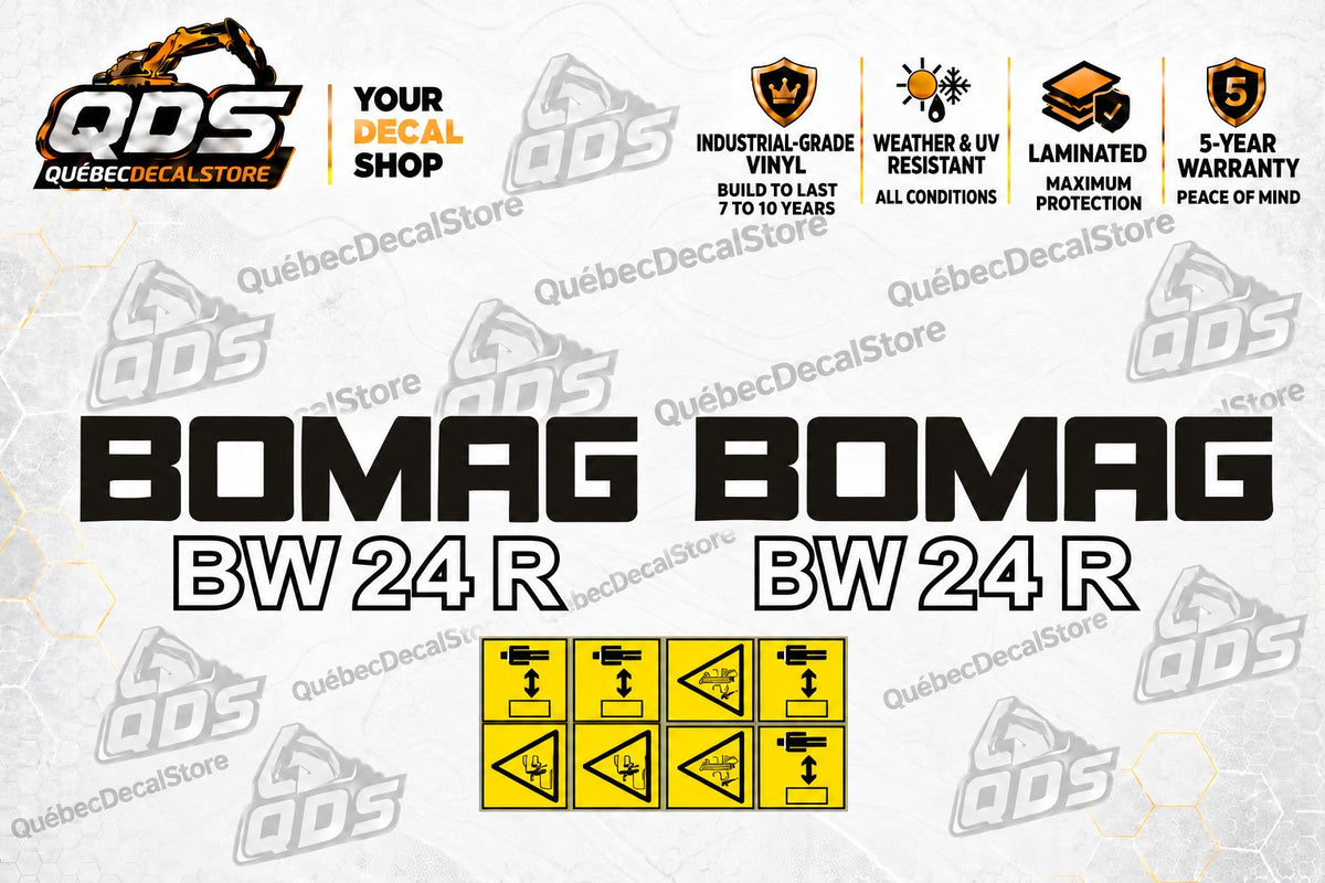 Bomag BW24R roller decal kit with two black Bomag logos, two outlined BW 24 R model markings and eight yellow pictograms