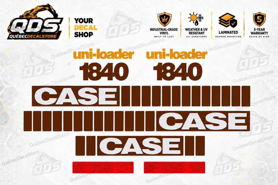 CASE 1840 Uni-Loader skid steer decal kit with brown CASE stripes and model markings, orange uni-loader lettering and red reflector-style graphics