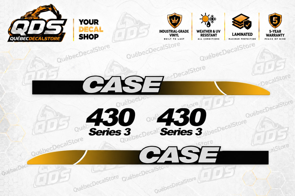 CASE 430 Series 3 skid steer replacement decal kit with two silver-white CASE side strips, black-to-gold gradients and two black 430 Series 3 model lettering decals.