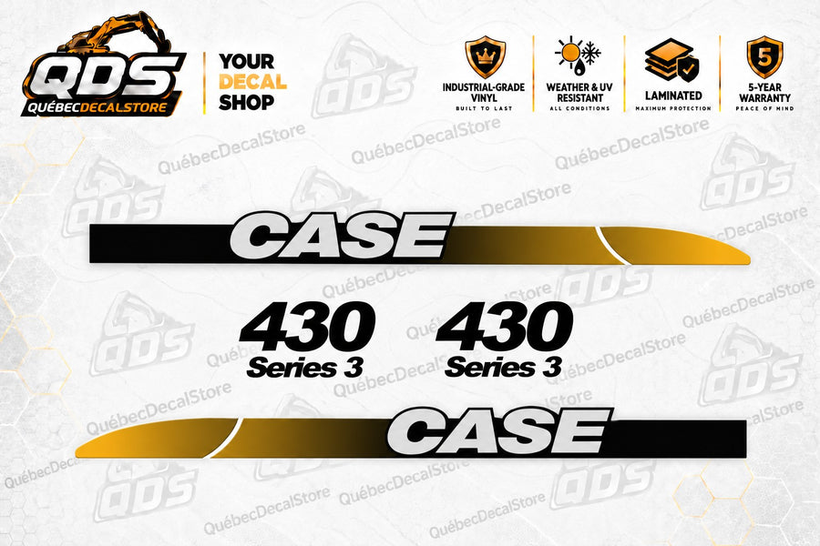 CASE 430 Series 3 skid steer replacement decal kit with two silver-white CASE side strips, black-to-gold gradients and two black 430 Series 3 model lettering decals.