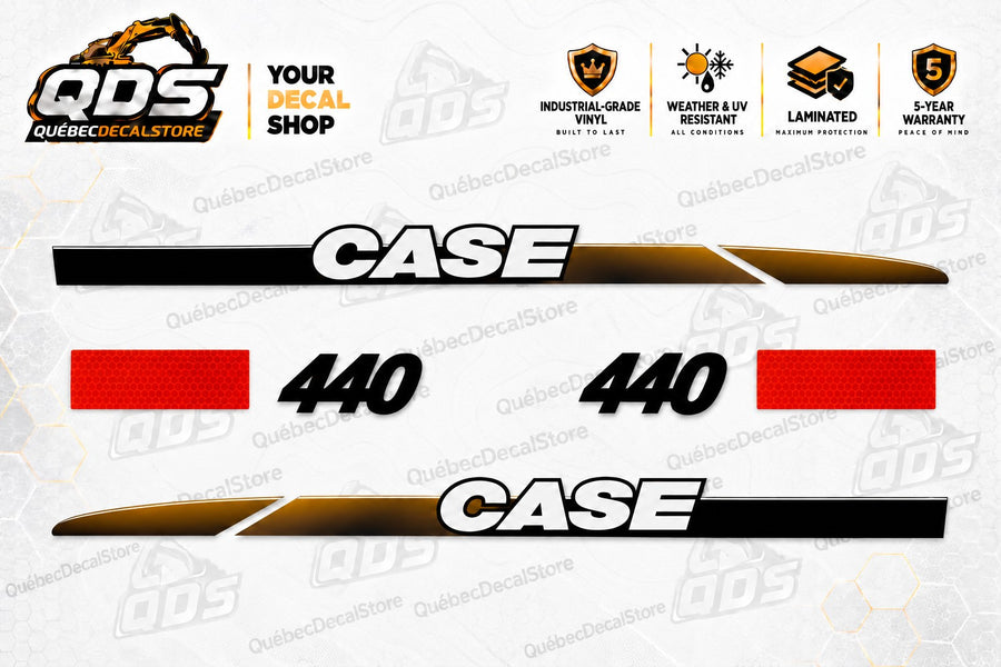 CASE 440 skid steer replacement decal kit with black and gold CASE side graphics, two black 440 model decals and two red rectangular reflective decals by QuébecDecalStore