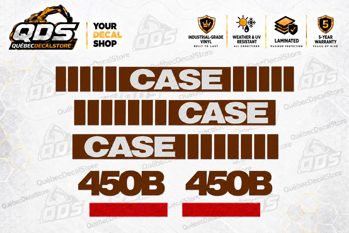 CASE 450B crawler dozer replacement decal kit with brown segmented CASE stripes, 450B markings and red reflector-style graphics