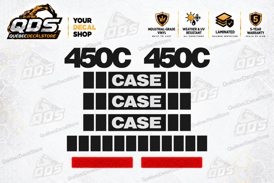 CASE 450C crawler dozer replacement decal kit with black segmented CASE stripes, 450C markings and red reflector-style graphics