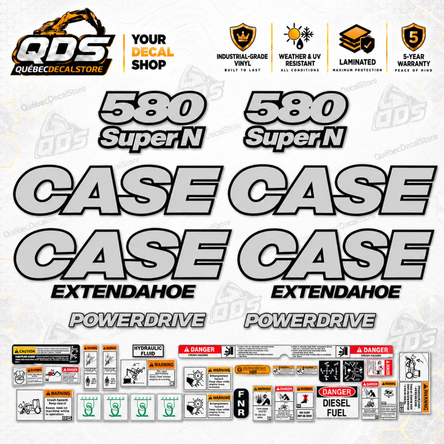 Case 580 Super N silver-gray decal kit with Extendahoe and Powerdrive lettering and pictured safety labels