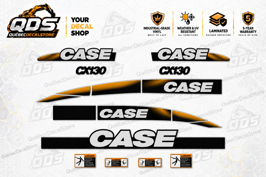 CASE CX130 excavator replacement decal kit with silver-white CASE lettering, black-and-gold side graphics, two CX130 model markings and four orange-and-black safety decals.