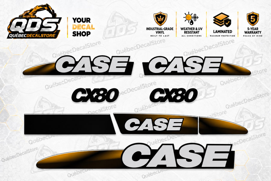 CASE CX80 excavator replacement decal kit with black-and-gold CASE graphics, two CX80 model markings and matching strip sections on the QuébecDecalStore background.