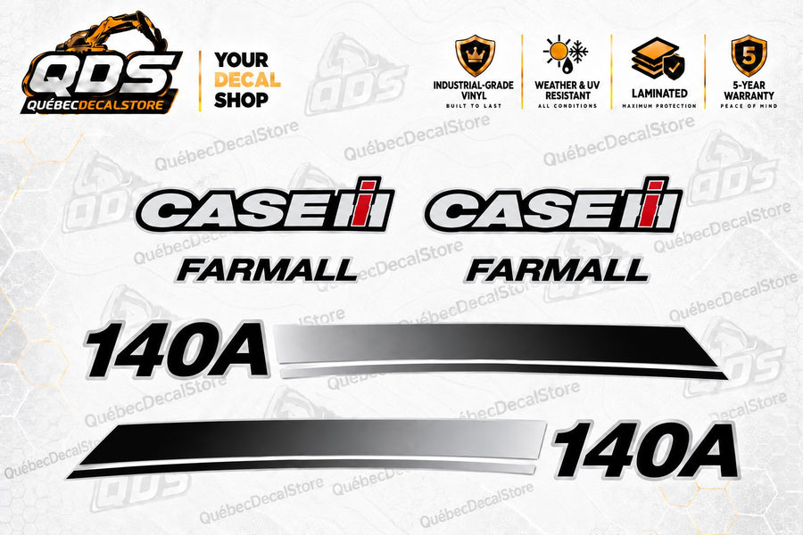 CASE IH Farmall 140A tractor decal kit with CASE IH logos, FARMALL lettering, two 140A markings and paired black and silver stripe layouts