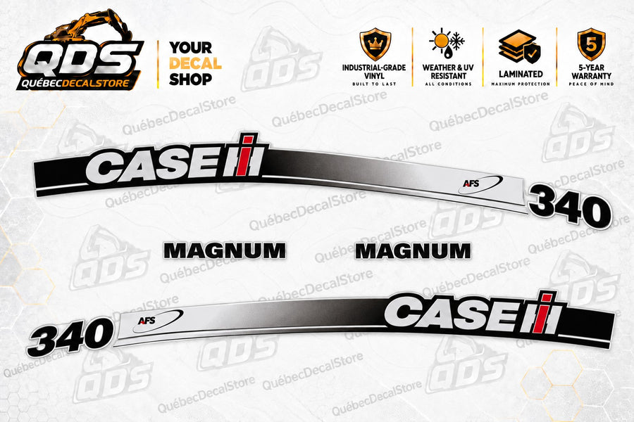 CASE IH Magnum 340 tractor replacement decals in the silver gradient design, with left and right CASE IH and AFS hood graphics, matching 340 model markings and two MAGNUM decals.