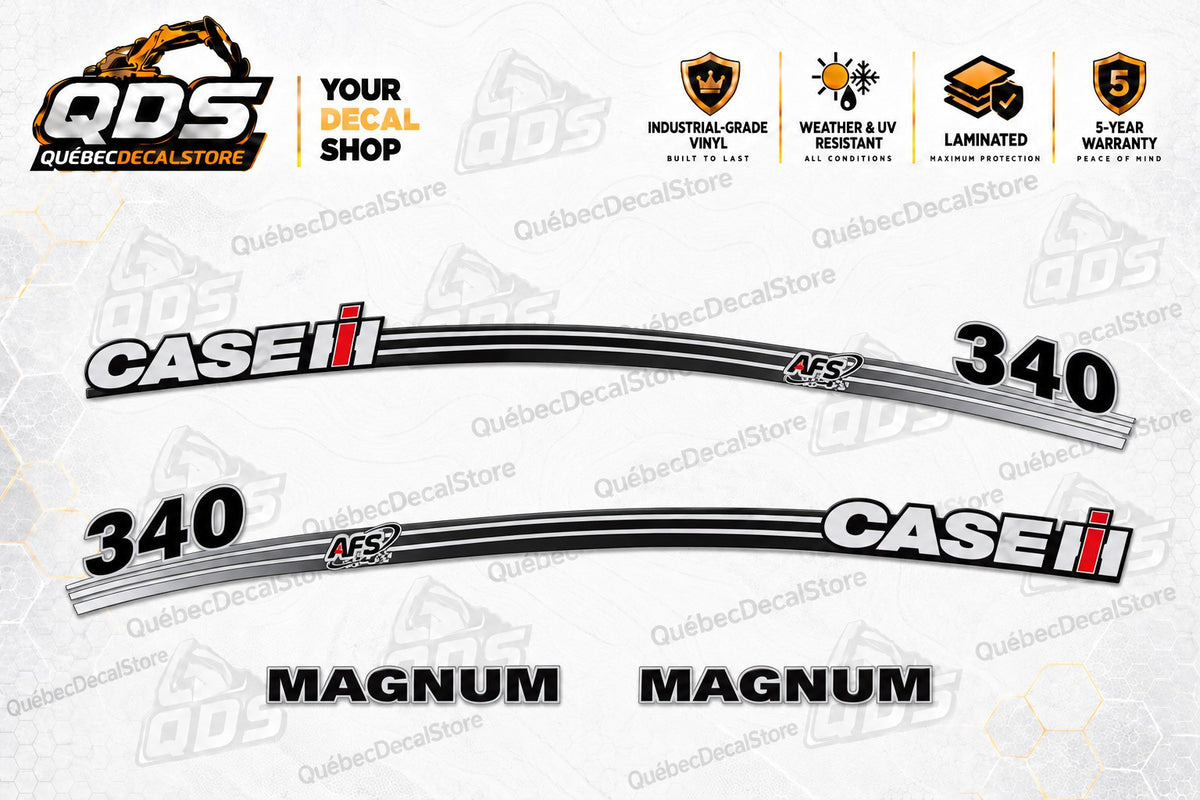 CASE IH Magnum 340 tractor replacement decal kit in the triple stripe design, with curved black and silver hood stripes, CASE IH and AFS graphics, 340 model markings and two MAGNUM decals.