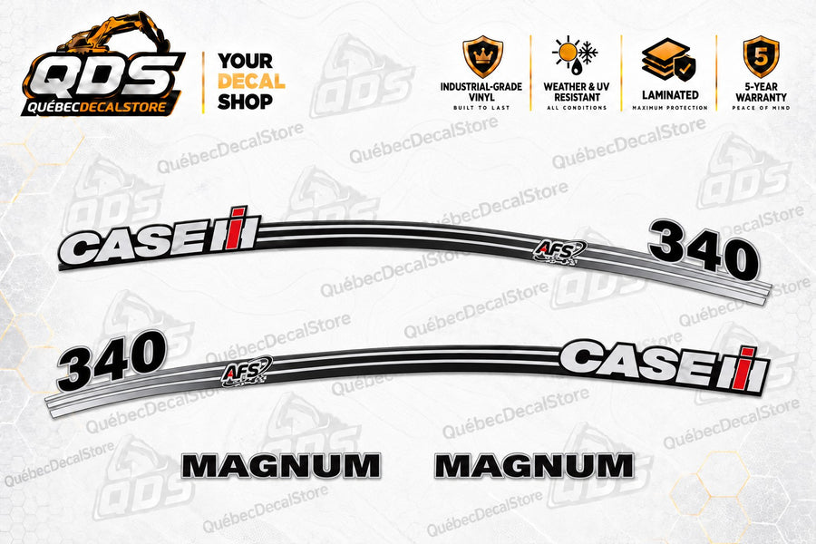 CASE IH Magnum 340 tractor replacement decal kit in the triple stripe design, with curved black and silver hood stripes, CASE IH and AFS graphics, 340 model markings and two MAGNUM decals.