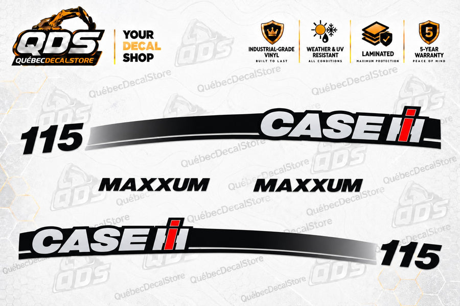 CASE IH Maxxum 115 tractor replacement decal kit with two mirrored black-to-silver hood stripes, CASE IH logos, 115 model markings and two MAXXUM wordmarks.