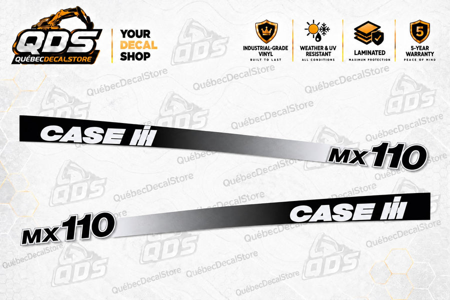 CASE IH MX110 tractor replacement decal kit with two black, gray and white side stripes on the QuébecDecalStore branded background.