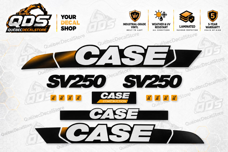 CASE SV250 skid steer decal kit with black and gold CASE side graphics, SV250 markings, CASE Construction badge and eight orange pictogram decals