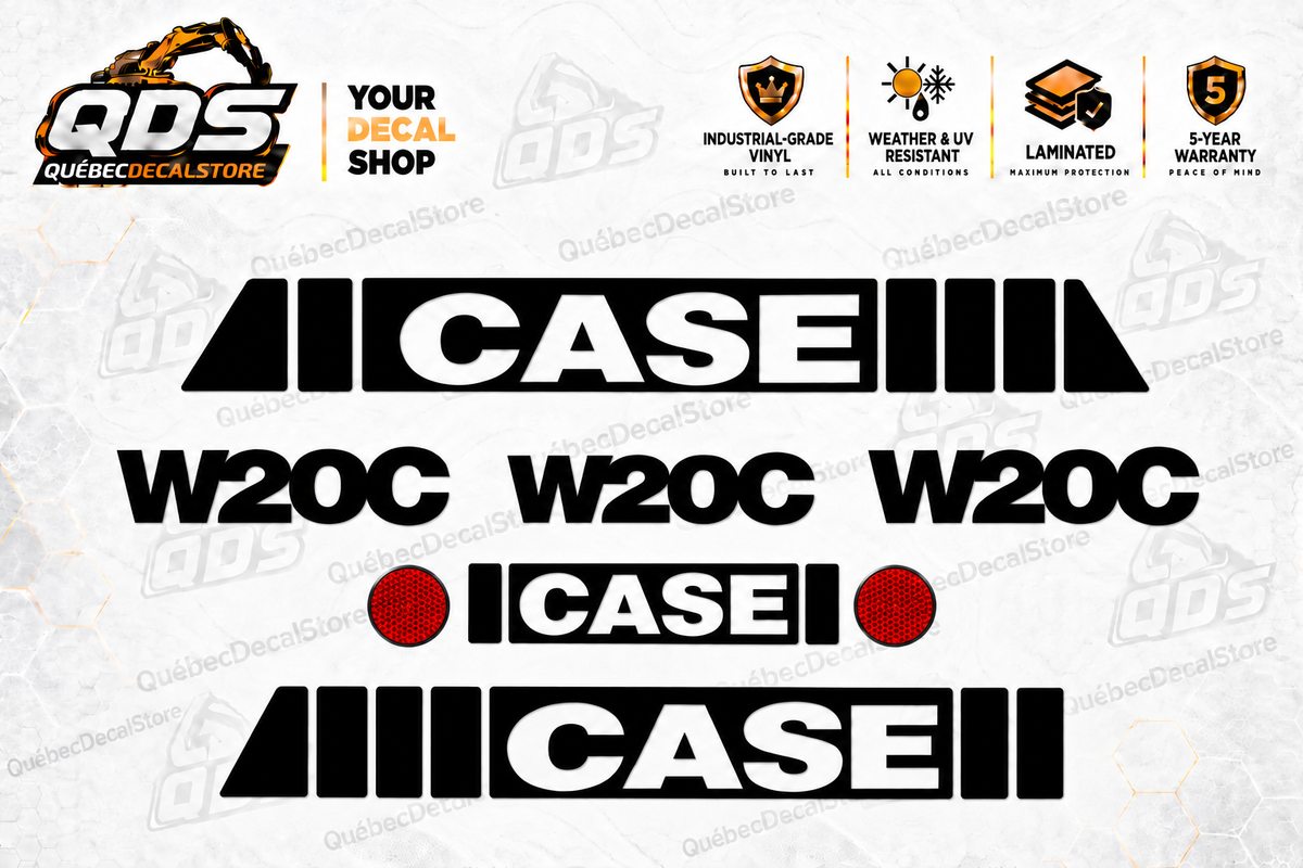 CASE W20C wheel loader decal kit with CASE graphics, three W20C labels and two red round reflectors by QuébecDecalStore