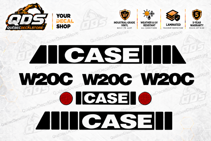 CASE W20C wheel loader decal kit with CASE graphics, three W20C labels and two red round reflectors by QuébecDecalStore