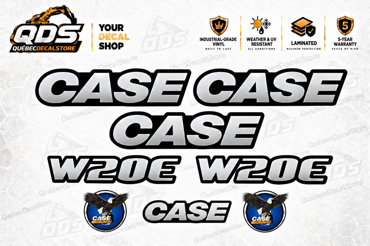 CASE W20E wheel loader aftermarket decal kit with four CASE wordmarks, two W20E decals and two round eagle emblems by QuébecDecalStore