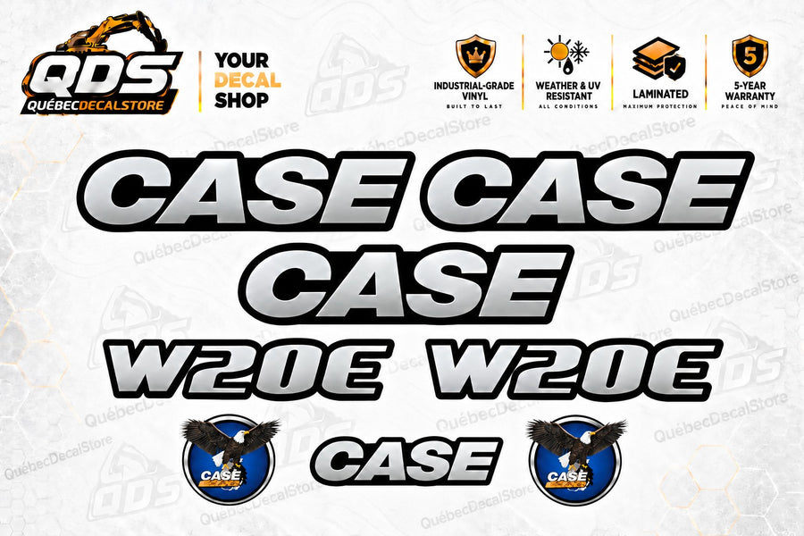 CASE W20E wheel loader aftermarket decal kit with four CASE wordmarks, two W20E decals and two round eagle emblems by QuébecDecalStore