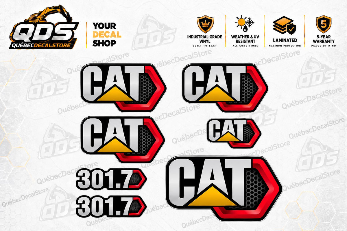 طقم ملصقات للحفارة الصغيرة CAT 301.7 – شعارات ورقم الطراز