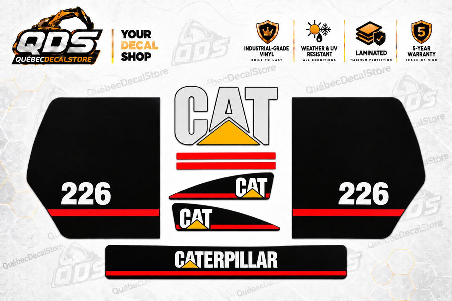 Caterpillar CAT 226 replacement decal kit with two black model panels, CAT logos, red stripes and CATERPILLAR lettering by QuébecDecalStore