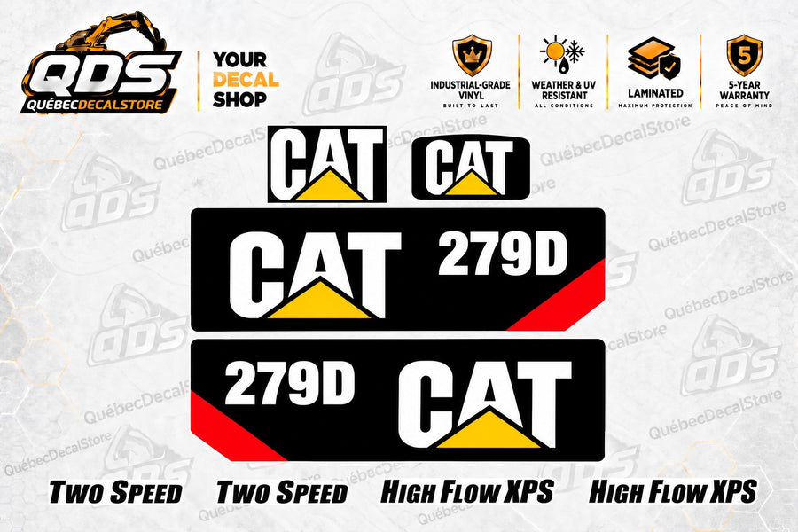 Caterpillar CAT 279D replacement decal kit with two model panels, two CAT logos, TWO SPEED and HIGH FLOW XPS lettering on the QuébecDecalStore background