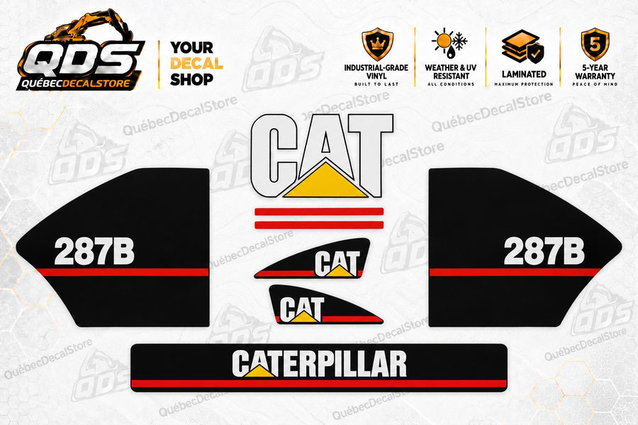 Caterpillar CAT 287B replacement decal kit with two black model panels, CAT logos, red stripes and CATERPILLAR lettering by QuébecDecalStore