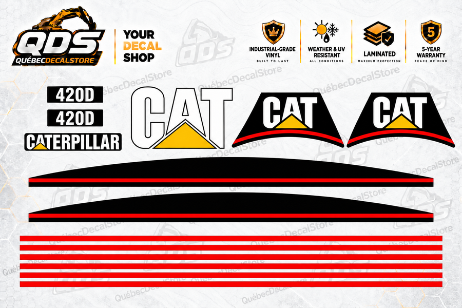 Caterpillar CAT 420D replacement decal kit with CAT logos, 420D labels, curved black and red panels and six red pinstripes on the QuébecDecalStore background