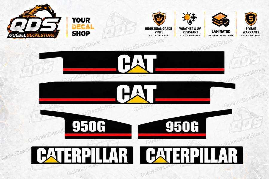Caterpillar 950G wheel loader replacement decal kit with two CAT side bands, two 950G model decals and two Caterpillar logos on the QuébecDecalStore background
