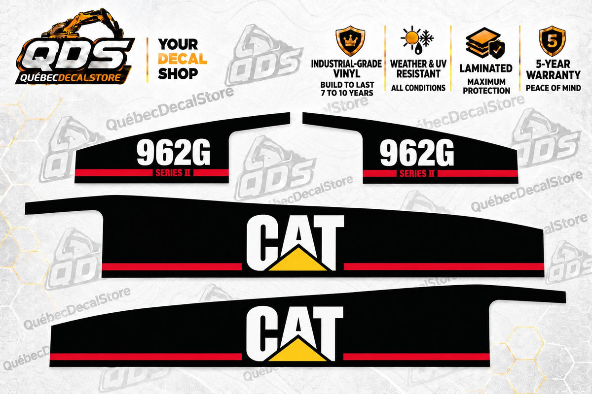 Caterpillar 962G Series II wheel loader decal kit, four black panels with red stripes, QuébecDecalStore