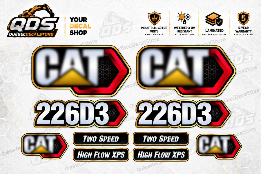 Caterpillar CAT 226D3 replacement decal kit with two model markings, four CAT logo panels, two Two Speed labels and two High Flow XPS labels by QuébecDecalStore