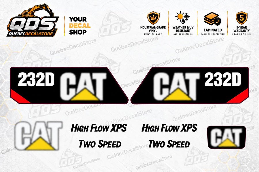 Caterpillar CAT 232D aftermarket skid steer decal kit with model markings, Two Speed and High Flow XPS labels by QuébecDecalStore
