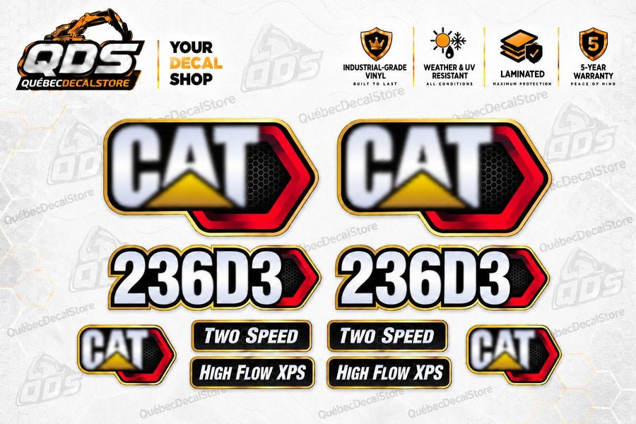 Caterpillar CAT 236D3 replacement decal kit with model markings, CAT logos, Two Speed and High Flow XPS labels by QuébecDecalStore