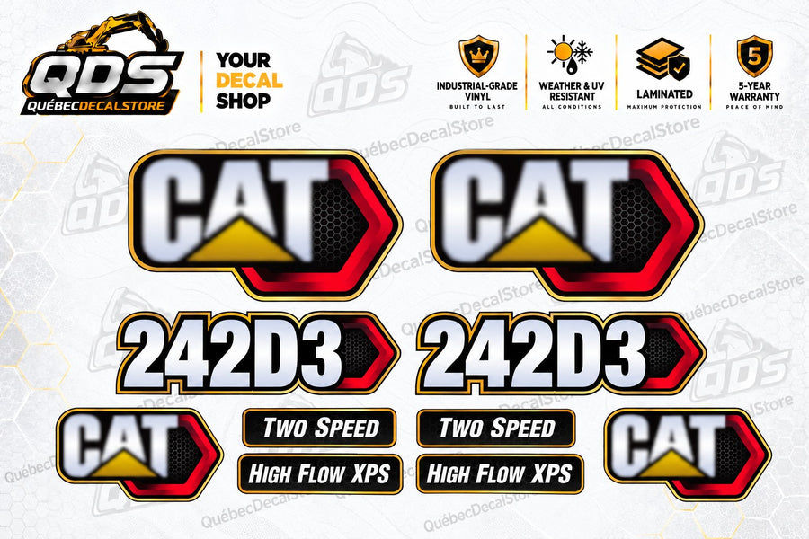 Caterpillar CAT 242D3 replacement decal kit with model markings, CAT logos, Two Speed and High Flow XPS labels by QuébecDecalStore