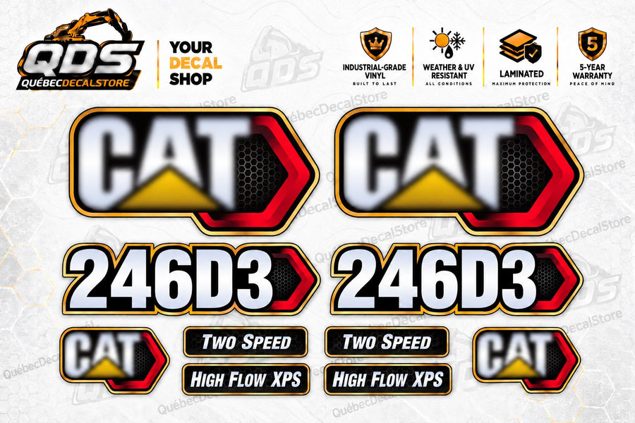 Caterpillar CAT 246D3 replacement decal kit with two model markings, four CAT logo panels, two Two Speed labels and two High Flow XPS labels by QuébecDecalStore