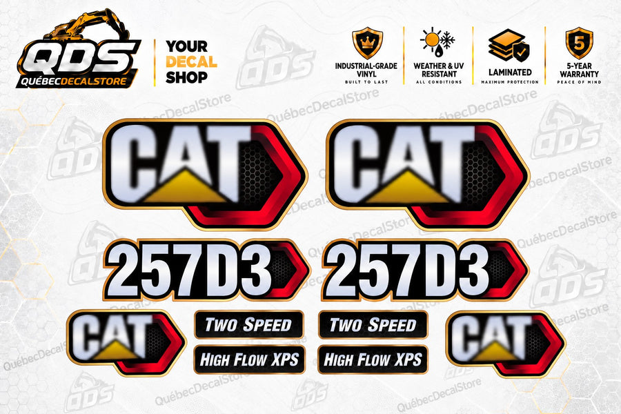 Caterpillar CAT 257D3 aftermarket skid steer decal kit with model markings, Two Speed and High Flow XPS labels by QuébecDecalStore