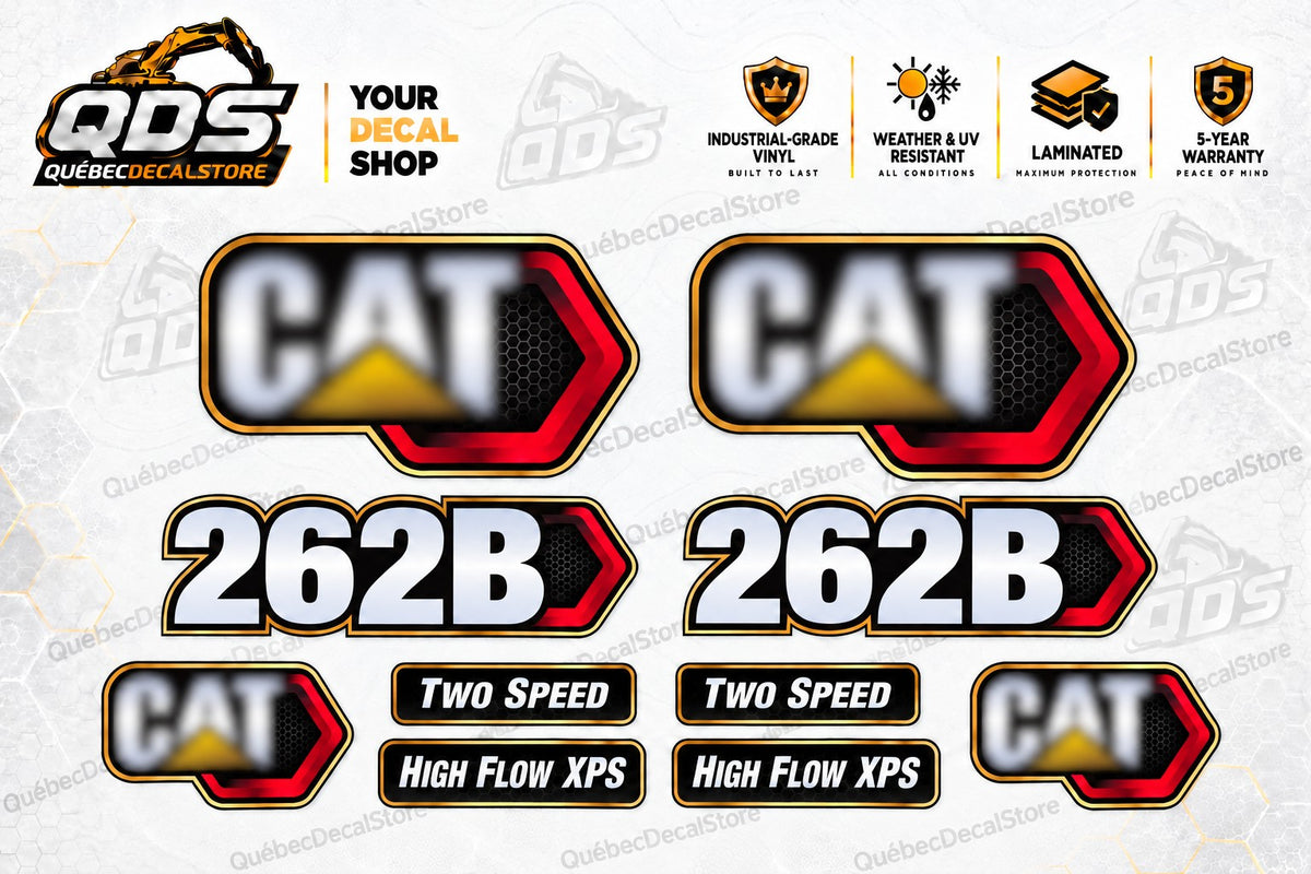 Caterpillar CAT 262B aftermarket skid steer decal kit with model markings, Two Speed and High Flow XPS labels by QuébecDecalStore