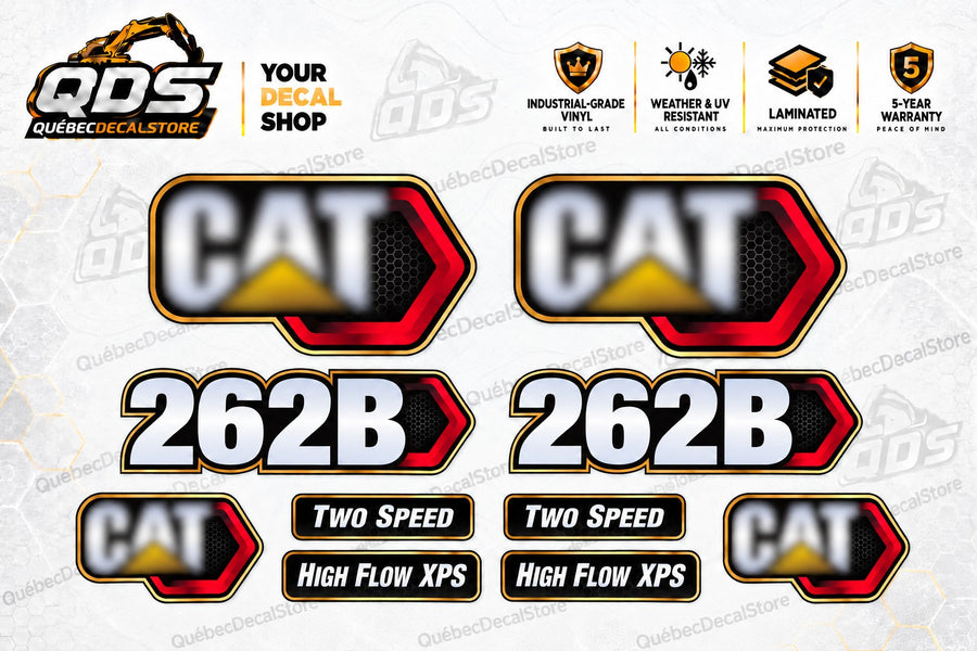 Caterpillar CAT 262B aftermarket skid steer decal kit with model markings, Two Speed and High Flow XPS labels by QuébecDecalStore