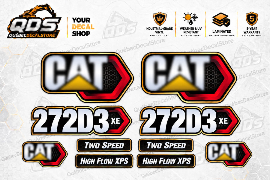 Caterpillar CAT 272D3 XE replacement decal kit with two model markings, four CAT logo panels, two Two Speed labels and two High Flow XPS labels by QuébecDecalStore