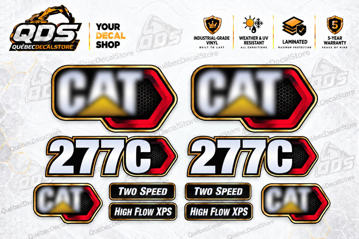 Caterpillar CAT 277C aftermarket skid steer decal kit with model markings, Two Speed and High Flow XPS labels by QuébecDecalStore