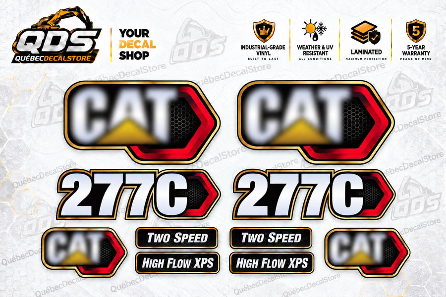Caterpillar CAT 277C aftermarket skid steer decal kit with model markings, Two Speed and High Flow XPS labels by QuébecDecalStore