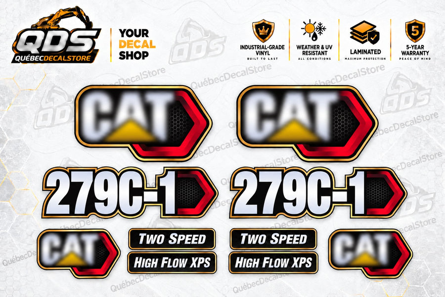 Caterpillar CAT 279C-1 aftermarket skid steer decal kit with model markings, Two Speed and High Flow XPS labels by QuébecDecalStore