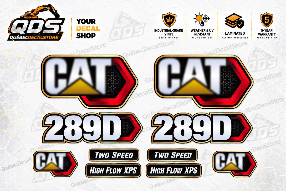 Caterpillar CAT 289D replacement decal kit with model markings, CAT logos, Two Speed and High Flow XPS labels by QuébecDecalStore