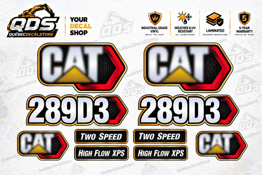 Caterpillar CAT 289D3 aftermarket skid steer decal kit with model markings, Two Speed and High Flow XPS labels by QuébecDecalStore