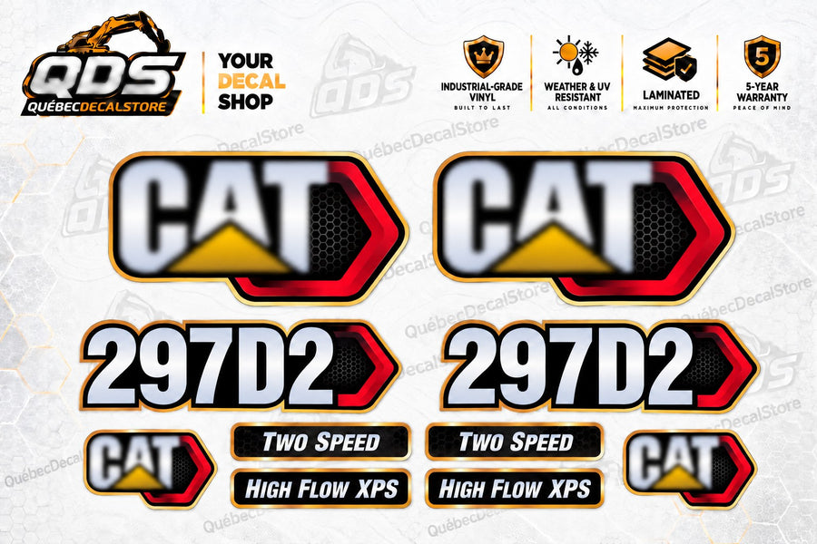 Caterpillar CAT 297D2 replacement decal kit with two model markings, four CAT logo panels, two Two Speed labels and two High Flow XPS labels by QuébecDecalStore