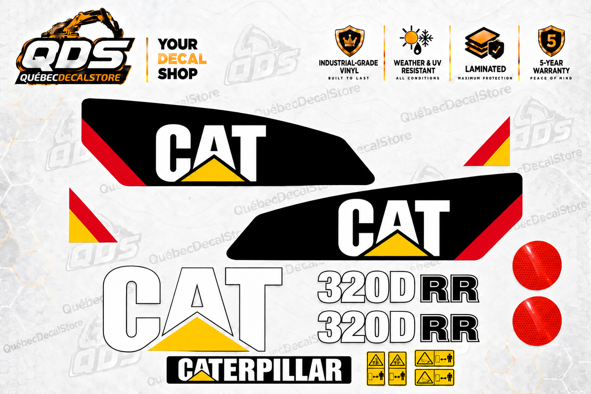 Kit de adesivos Caterpillar CAT 320D RR – Logos, segurança e refletores