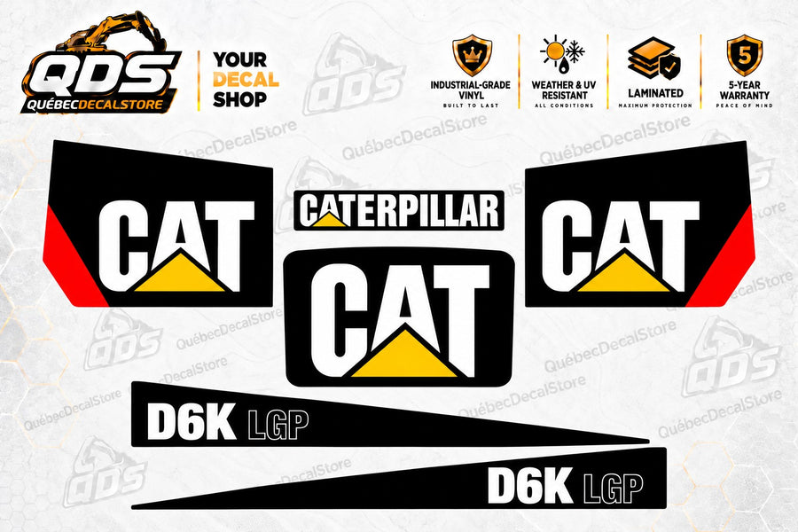 Caterpillar CAT D6K LGP dozer replacement decal kit with two CAT side panels, two D6K LGP stripes, a CAT logo and a CATERPILLAR name decal on the QuébecDecalStore background