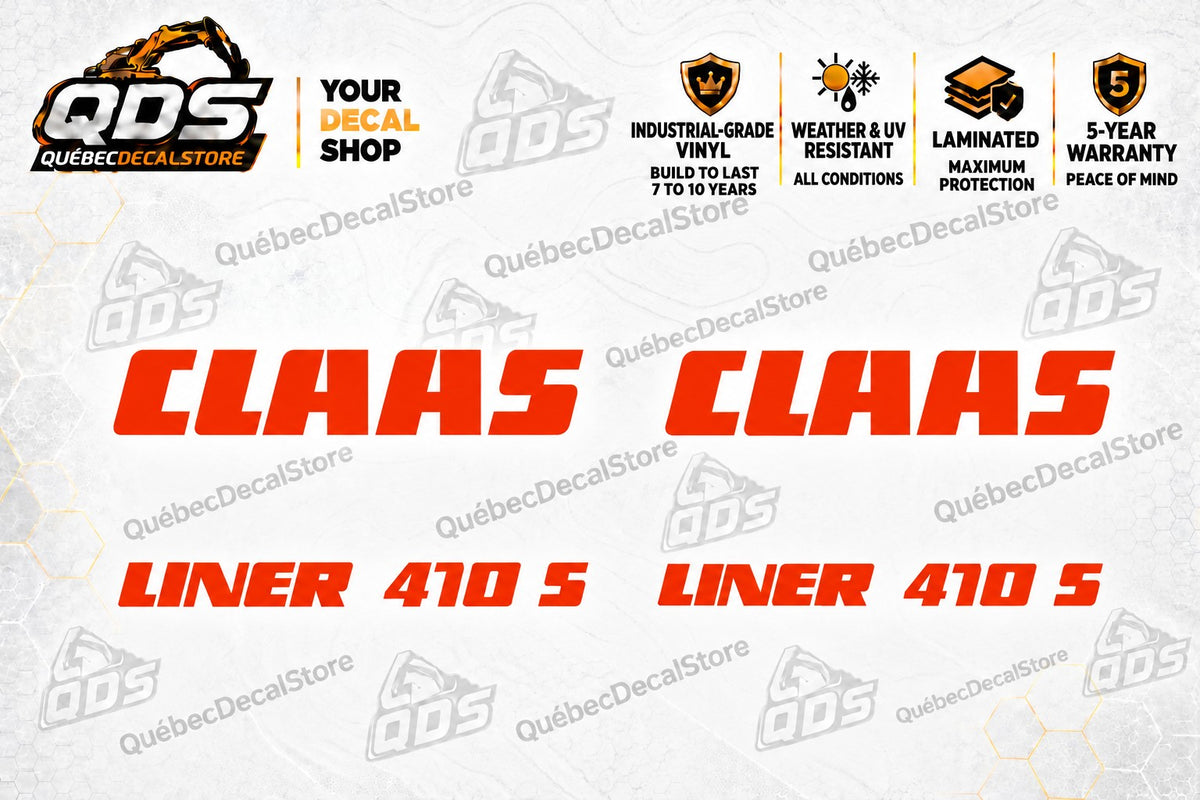 Claas Liner 410 S rake decal kit with two red Claas logos and two red Liner 410 S model markings
