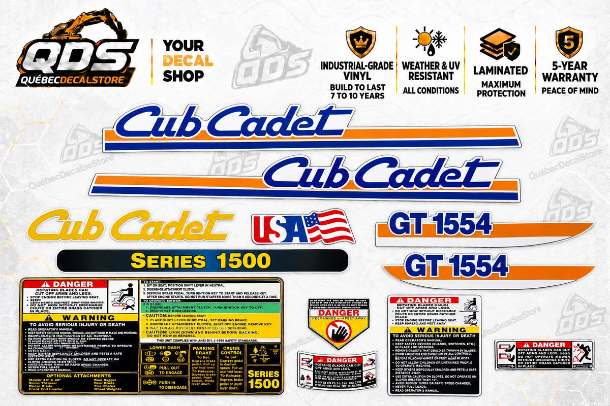 Cub Cadet GT1554 Series 1500 lawn tractor replacement decal kit, blue and orange graphics and pictured warning labels