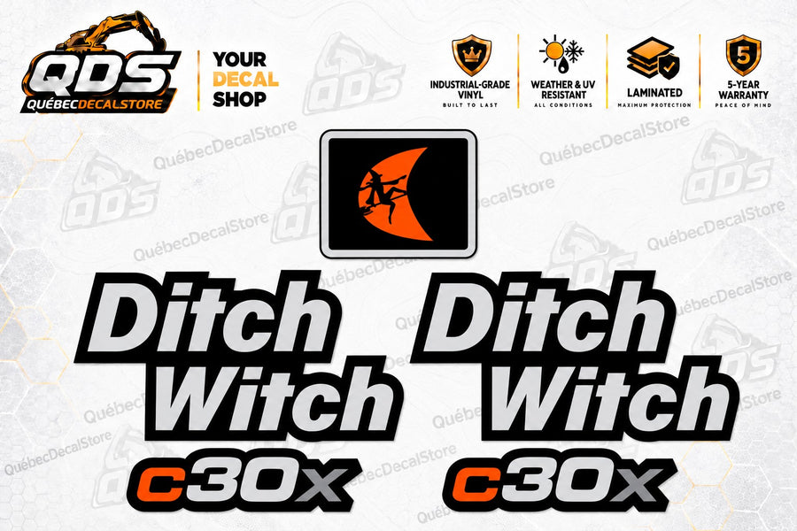 Ditch Witch C30X walk-behind trencher replacement decal kit with two black and white Ditch Witch wordmarks, two orange and gray C30X model decals and one orange witch emblem by QuébecDecalStore