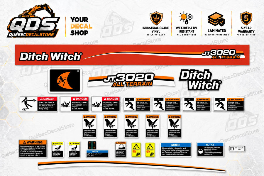 Ditch Witch JT3020 All Terrain replacement decal kit with model graphics, logos, orange trim and safety warning labels by QuébecDecalStore
