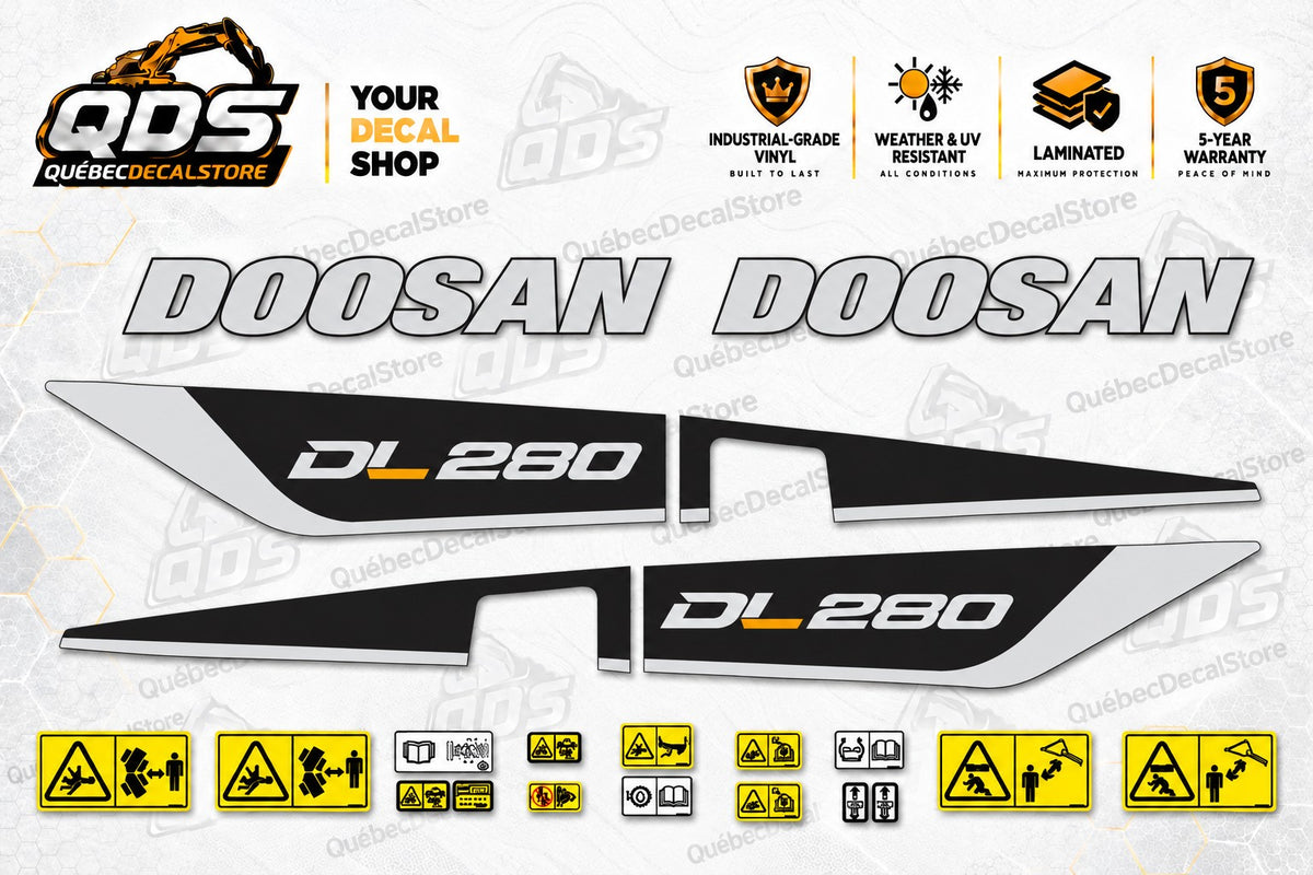 Doosan DL280 wheel loader decal kit with two black and silver side graphics, gold model accents, DOOSAN lettering and yellow safety labels on the QuébecDecalStore background